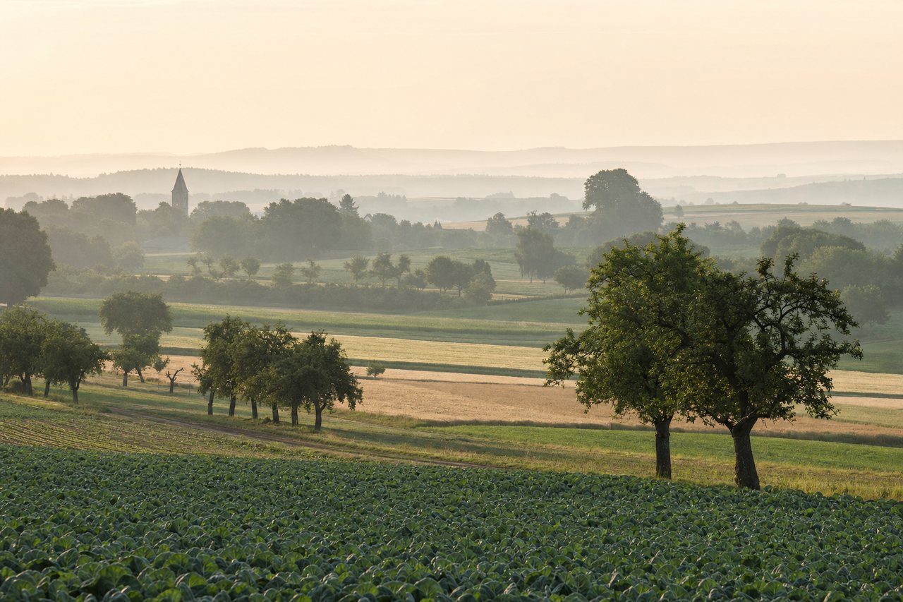 Felder und Streuobstreihen auf der Filderebene im Morgendunst