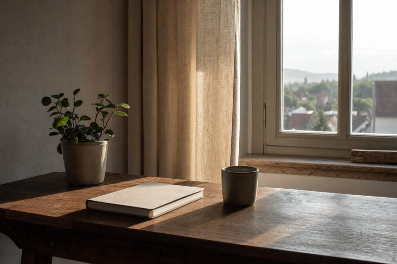 Aufgeräumte Schreibtischecke am Fenster im Morgenlicht