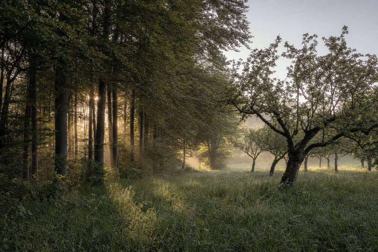 Alte Obstwiese am Waldrand, tiefstehende Sonne zwischen den Stämmen