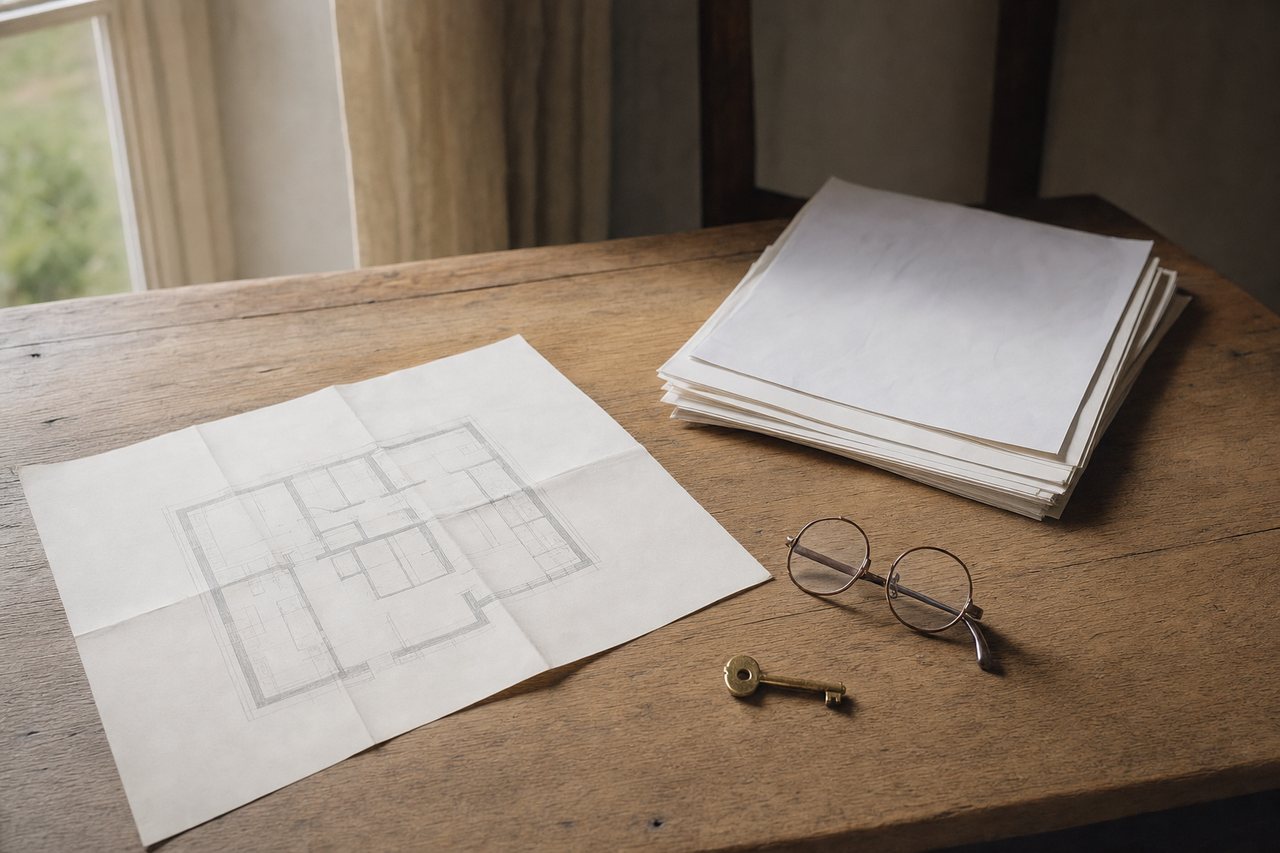 Grundriss, Unterlagen, Lesebrille und ein Schlüssel auf einem Holztisch